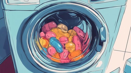 Washing procedure for the colored towel: Put the textile and the capsule into the washing machine. illustration