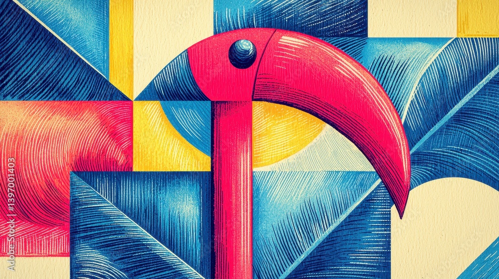 Poster vibrant flamingo head in pink and blue hues against geometric background of intersecting squares and
