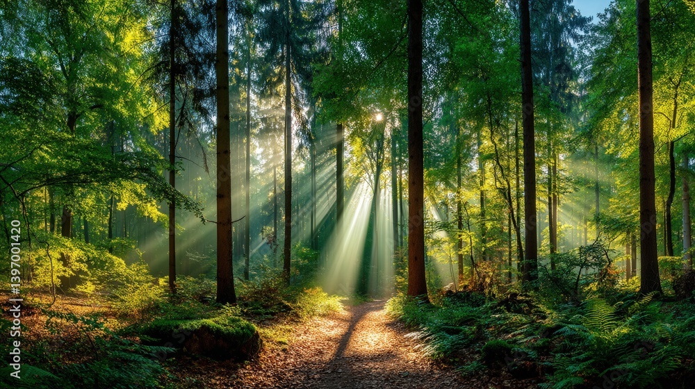 Poster serene forest path covered in moss with sunbeams filtering through the canopy creating a magical atm