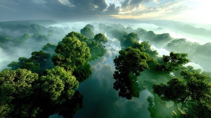 Serene landscape depicting a forest with a meandering river flowing through lush greenery and natural beauty