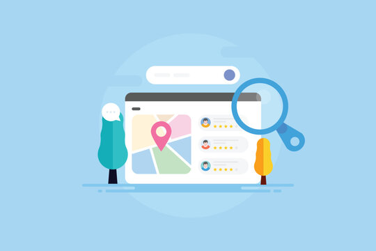 Business SEO concept, customer review list, business map location appears on search page, local search optimization.