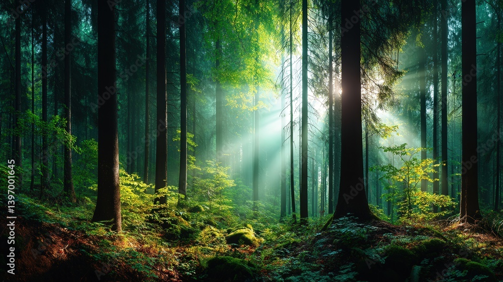 Poster ethereal sunlight breaking through the misty canopy of a forest at dawn creating a soft and serene a