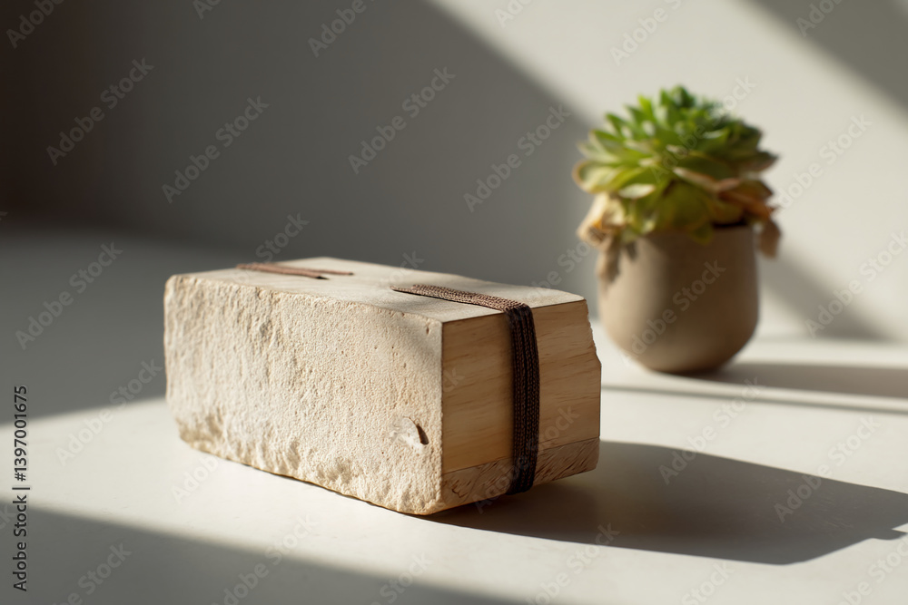 Poster light beige stone block with wood base and brown string, next to a small potted succulent plant, cre