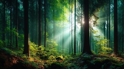 Obraz premium Ethereal sunlight breaking through the misty canopy of a forest at dawn creating a soft and serene atmosphere
