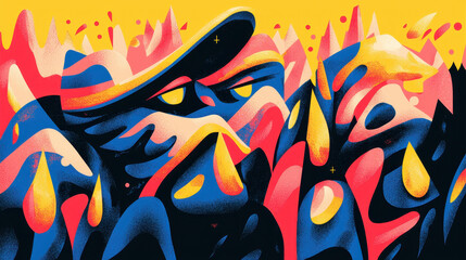Vibrant Stylized Illustration of a Wild Nature Scene Featu an Abstract Creature in a Hat Amidst Fiery Mountainous Forms by Kenmima Art Style