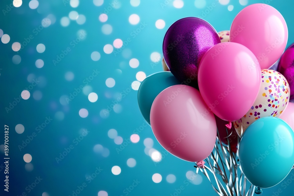 Poster colorful balloons floating on a sparkling turquoise background