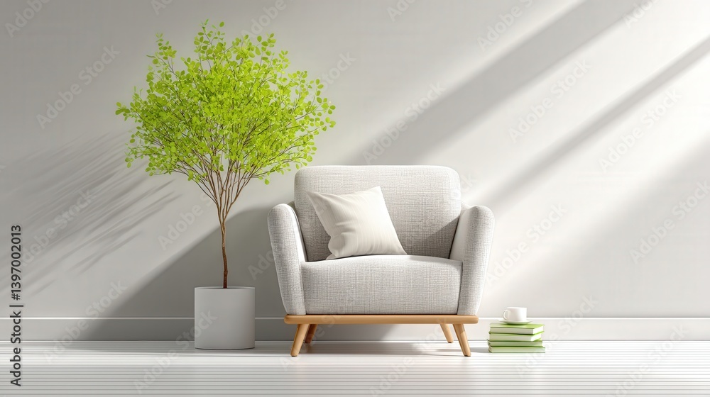 Poster simple living room featuring a single chair next to a tree creating a cozy and inviting atmosphere i
