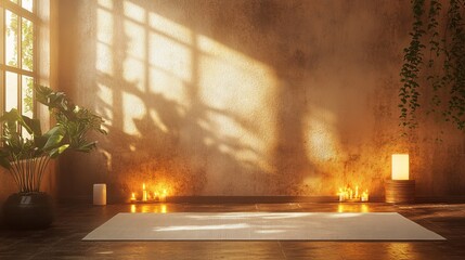 A serene meditation room with a yoga mat, candles, and soft natural lighting pic