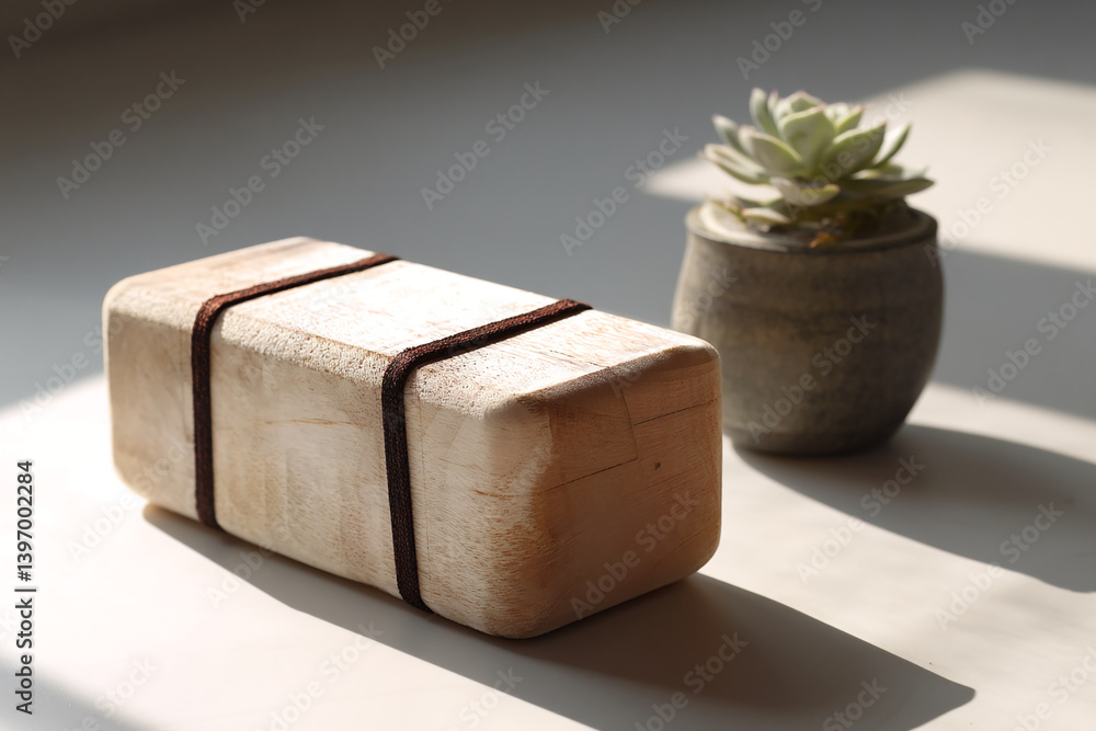 Poster light beige wooden block with brown straps, next to a small succulent in a gray pot, bathed in sunli