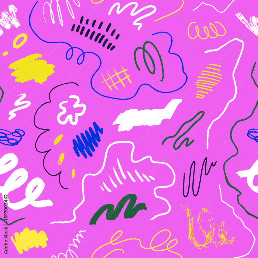 Poster Abstract scribble pattern. Seamless texture, endless background with line, curve, dot elements. Colored repeating print, creative hand-drawn modern textile, fabric, wrapping. Vector illustration