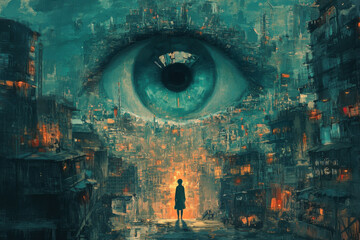 Obraz premium Urban dreamscape with a giant eye overseeing a city at twilight