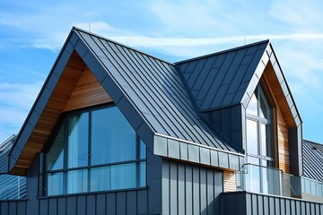 Modern house featuring a dark metal roof and large windows on a sunny day