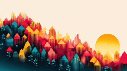 Stylized Geometric Landscape Illustration of Red and Orange Trees Silhouetted Against a Bright Yellow Sun in a Unique Wildlife Storytelling Art Style