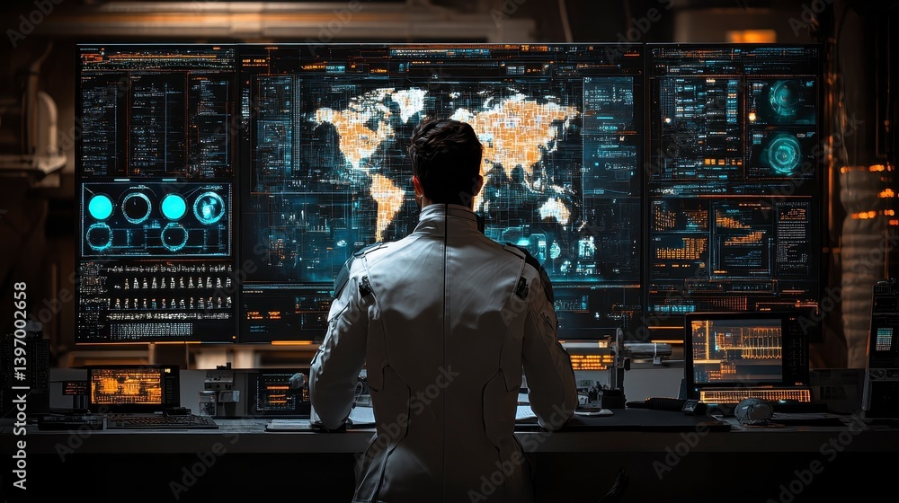 Poster man monitors screens displaying global data in dimly lit, tech-filled room