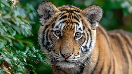 Fototapeta premium Adorable Tiger Cub Close Up Portrait in Lush Green Foliage