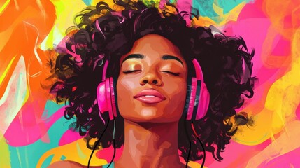 international womens day portrait happy young genz black woman listening to music colorful background digital illustration illustration