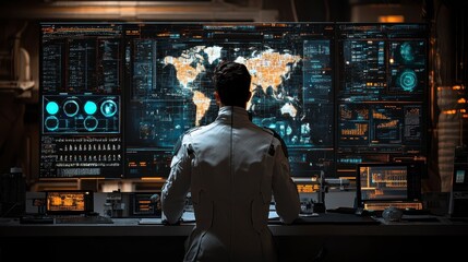 Man monitors screens displaying global data in dimly lit, tech-filled room