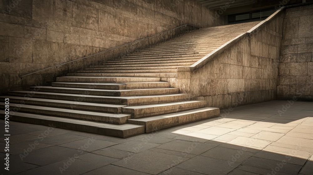 Poster outdoor concrete staircase architecture with geometric design in neutral tones with step shadows sim