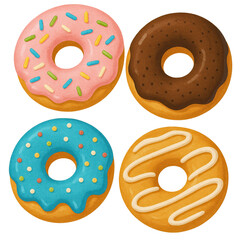 Four colorful donuts featuring sprinkles and icing, showcasing a variety of flavors and designs.