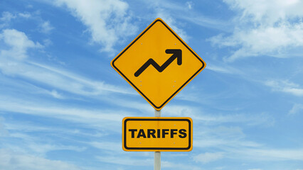 Road yellow sign Tariff increase on blue sky with clouds, creative idea. Trade war and duties, taxes increase, concept. World crisis.  USA tariffs on EU. Crisis, economic
