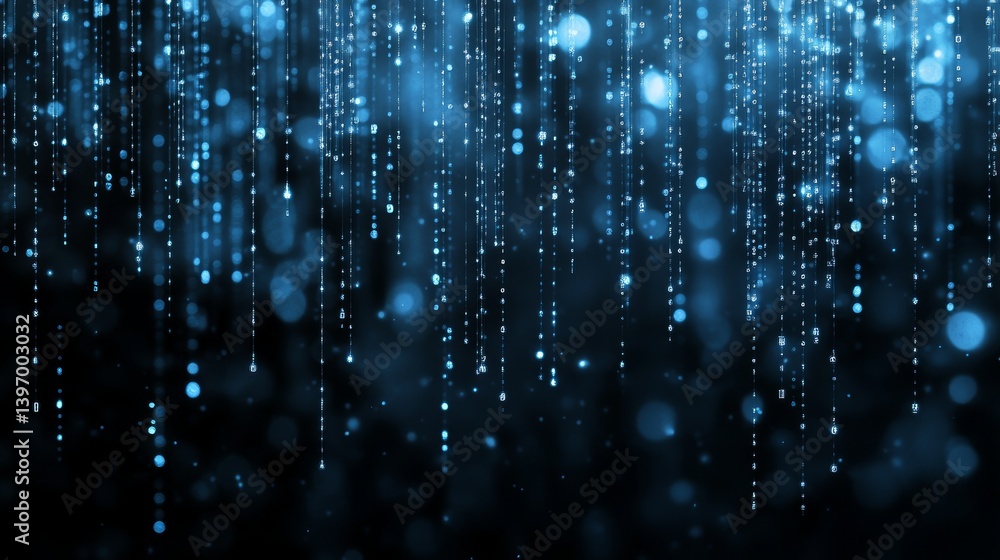 Poster the background of a digital binary code wave enhances an abstract image dominated by blue and green 