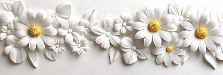 Fototapeta premium White daisies, embossed floral art on a white background; for a decorative design
