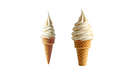 Delicious cold vanilla ice cream in a waffle cone, a sweet frozen dessert isolated on white
