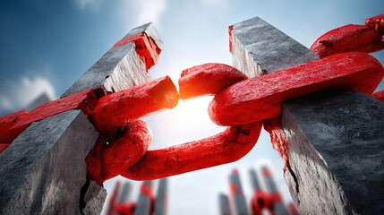 Symbolic representation of broken chains against a serene sky with vibrant red links highlighting freedom and resilience