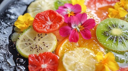 A tropical smoothie bowl with vibrant fruit slices, seeds, and edible flowers pic
