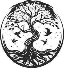 Fototapeta premium Stylized Tree of Life with Birds in Circular Mandala Design – Black and White Vector Art