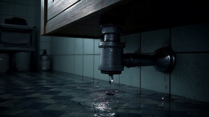 Leaking Pipe Under Sink Causes Water Damage in Bathroom A dripping faucet creates a puddle on the floor