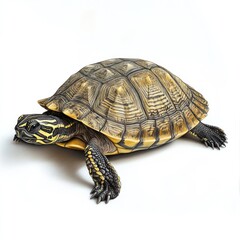 Fototapeta premium Yellow-bellied turtle crawling, studio shot, white background, pet reptile