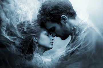 Couple embracing with ethereal smoke creating a dreamlike atmosphere in a mystical setting