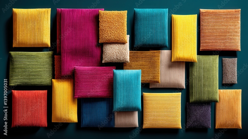 Poster trendy flat lay display of colorful cushions made from soft corduroy fabric featuring various textur