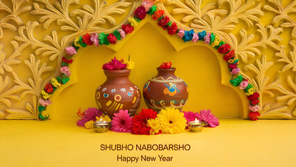 Bengali New Year image showing two pots surrounded by flowers, set against a yellow background. "SHUBHO NABOBARSHO Happy New Year" is written below the decor.