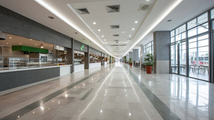 Explore a Sleek Shopping Mall Food Court Featuring Polished Tile Floors and Contemporary Dining Spaces