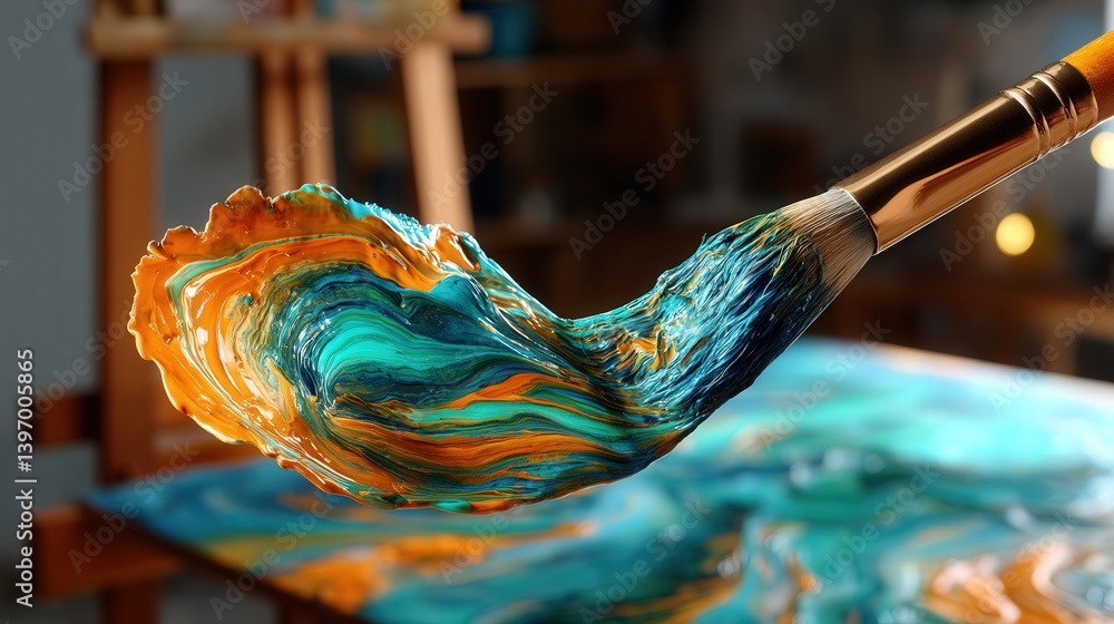 Poster artistic brush in action creating a beautiful blue and orange swirl of paint on canvas for captivati