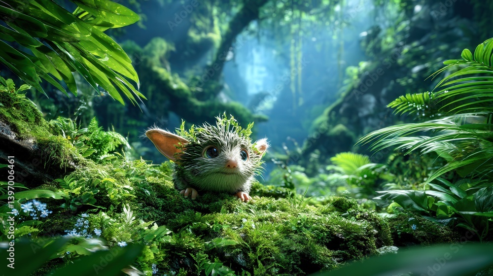 Aufkleber whimsical animated creature exploring a lush jungle filled with colorful flora and fauna creating a 