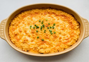 Baked Dip Appetizer, Cheesy with Green Onions in Casserole Dish, Prepared Food for Party or Dinner.