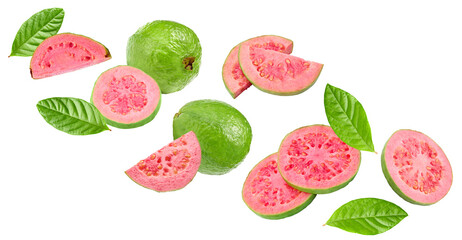 sliced guava with green leaves isolated on white background. clipping path
