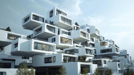 Complex of modern white cube shaped buildings with large windows on a hillside against a cloudy sky