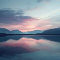 Fototapeta premium Serene twilight over mountain lake with pastel sky and reflections