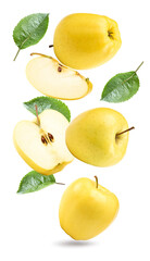flying yellow apples with green leaf and slices isolated on a white background. clipping path