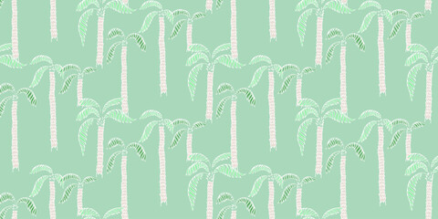 Vector seamless pattern featuring repeating palm trees with textured  trunks and green fronds on a light grey, mint background. Perfect for tropical designs, textiles, wallpapers, and digital prints.