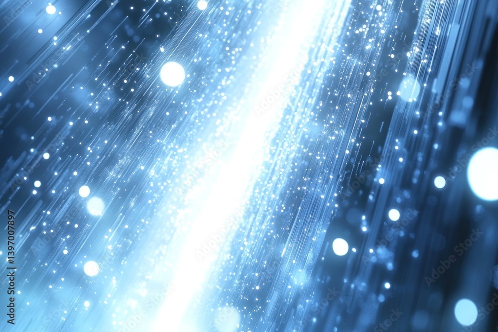 Fototapete Bright particles create a vertical code stream, showcasing a futuristic digital landscape with a sense of depth and movement