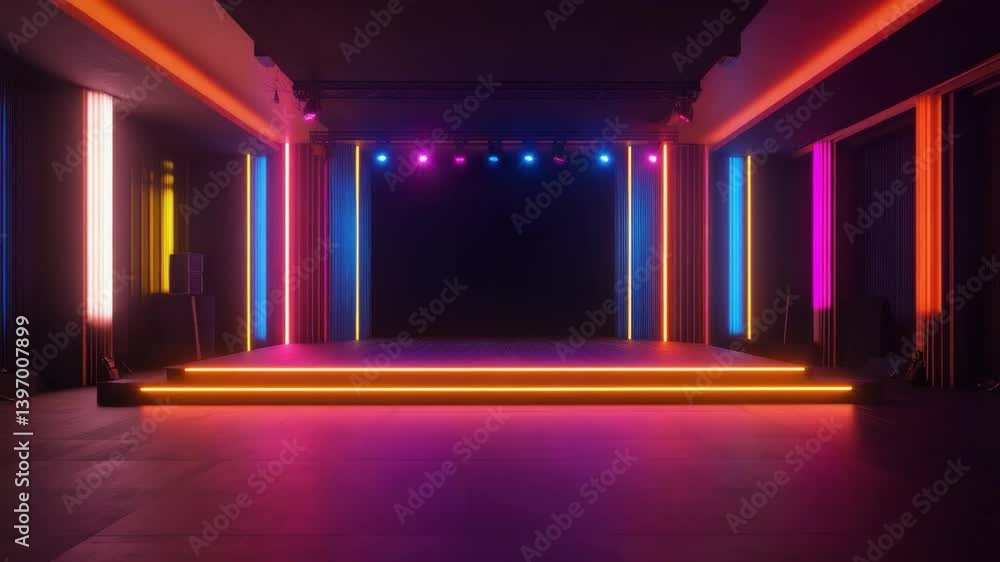Poster modern stage with colorful neon lights creating a vibrant atmosphere in an empty performance space i