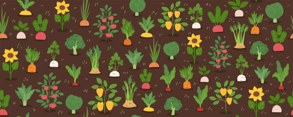 Gardening and farming concept seamless pattern. Nature background with different vegetables on brown surface. Regenerative farming concept. Vector flat banner.