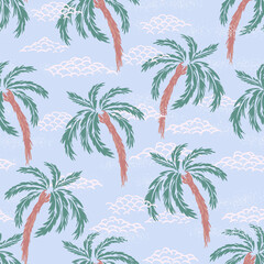 Pastel seamless tropical vector pattern featuring green palm trees with textured trunks and stylized clouds on a soft blue background. Perfect for summer, beach, and travel themed designs