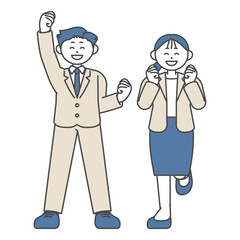 スーツ姿でガッツポーズをする男性と女性