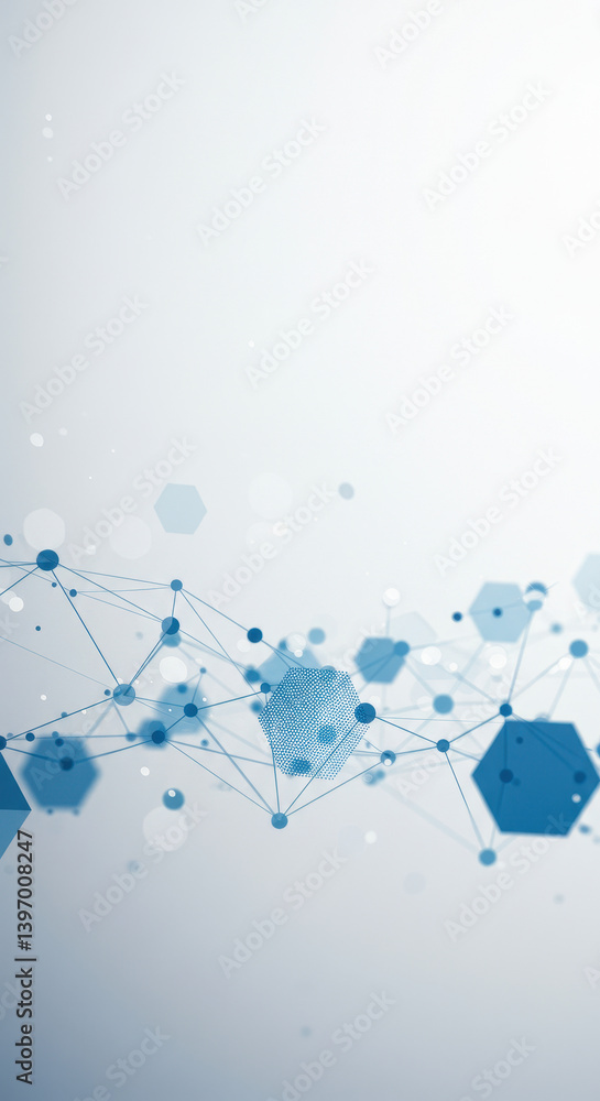 Poster tech network abstract: blue hexagons & dots connection - data, science, innovation backdrop